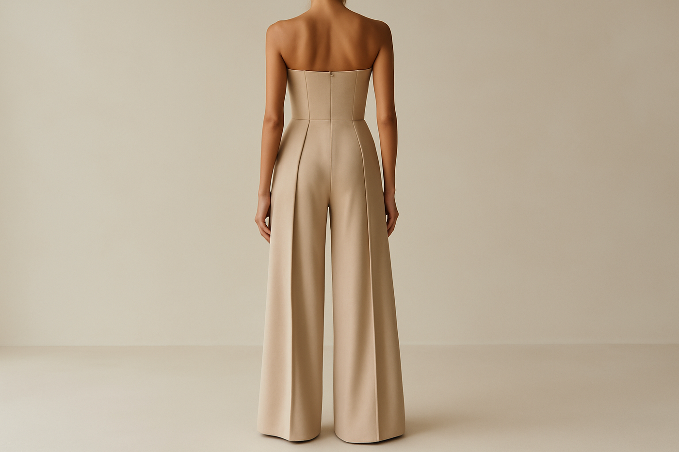 Achteraanzicht van de beige strapless jumpsuit