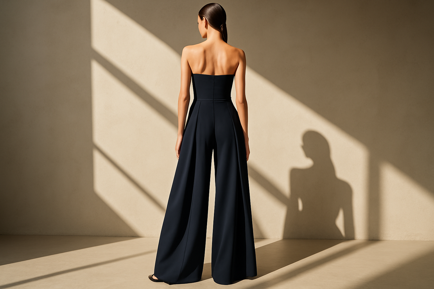 Achteraanzicht van de marineblauwe strapless jumpsuit