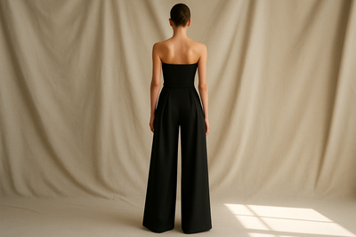 Achteraanzicht van de zwarte strapless jumpsuit