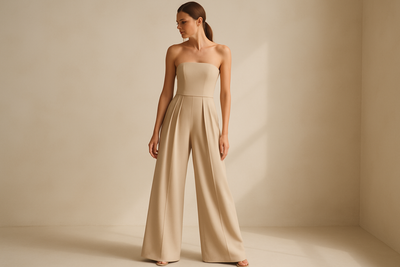 Driekwart aanzicht van de beige strapless jumpsuit