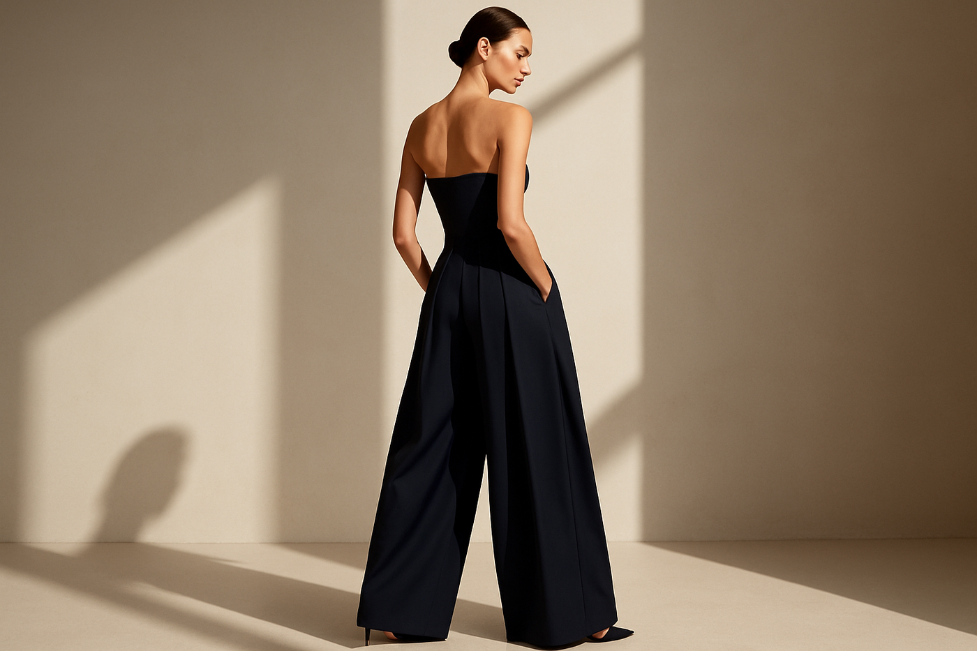 Driekwart aanzicht van de marineblauwe strapless jumpsuit
