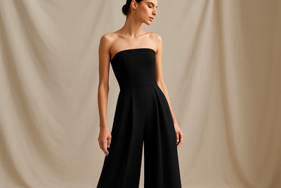 Driekwart aanzicht van de zwarte strapless jumpsuit