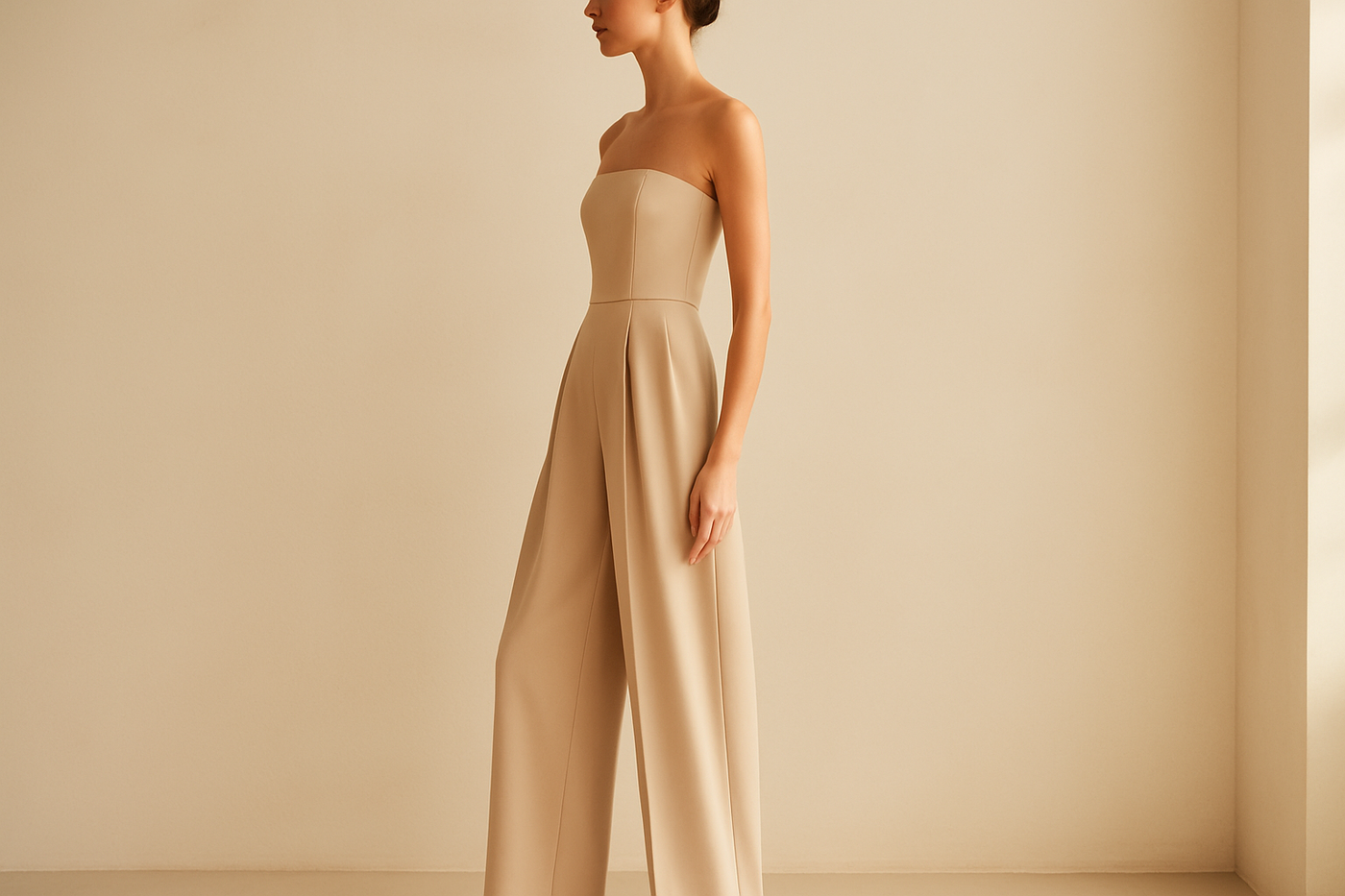 Zijaanzicht van de beige strapless jumpsuit